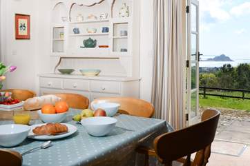 The dining-area has doors out to the terrace and fabulous views to 'the Mount'.