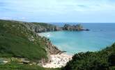 Porthcurno, a fabulous beach with The Minack Theatre at the top of the hill.  - Thumbnail Image