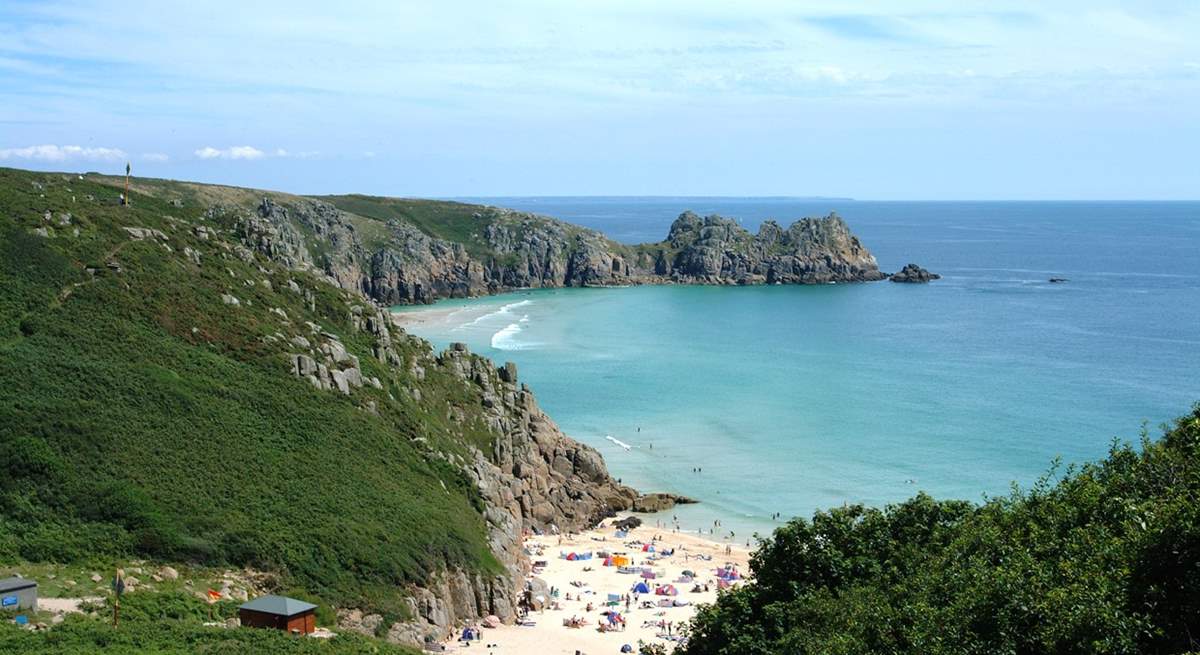 Porthcurno, a fabulous beach with The Minack Theatre at the top of the hill. 