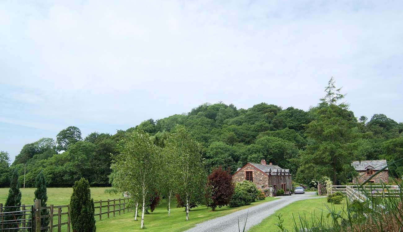 The cottage looks out over the patio and grounds beyond.