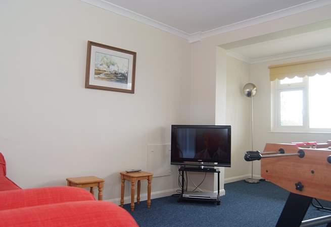 There are two sofas and a TV and DVD player in the games-room.
