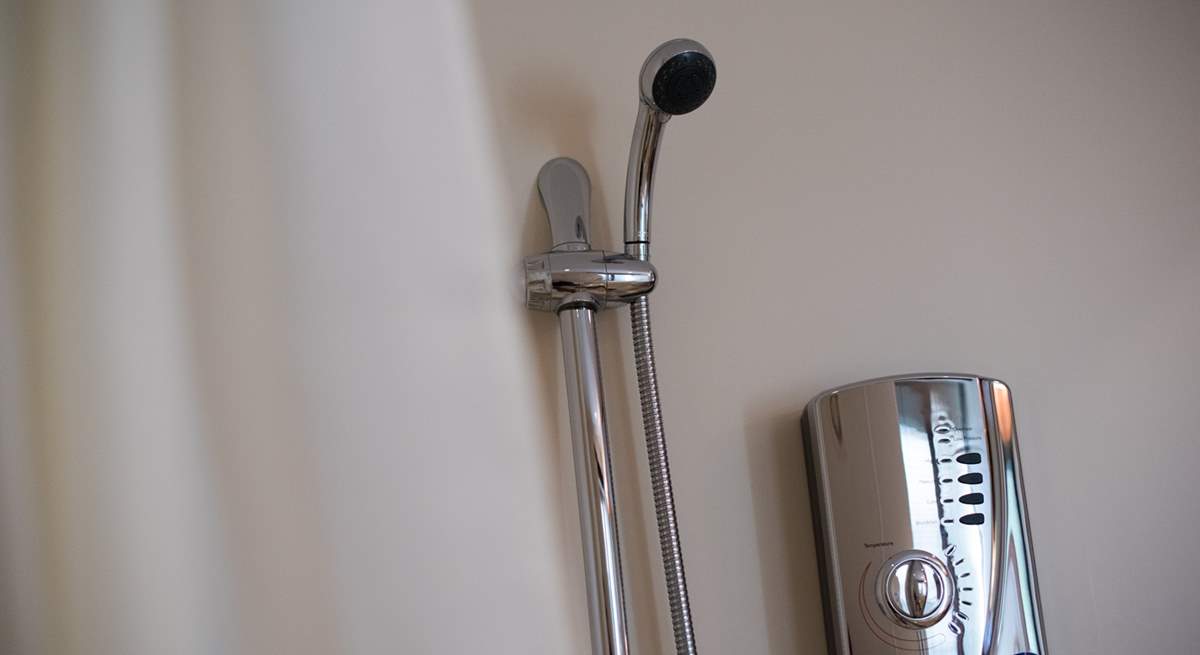 An adjustable shower head in the wet-room.