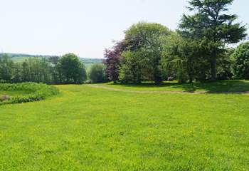 This is the view looking down the meadow towards the entrance gate. There is a deep pond to the left of this image - the reason for the child age restriction.