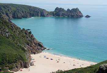 Porthcurno beach and Green Bay from the top of the cliffs.