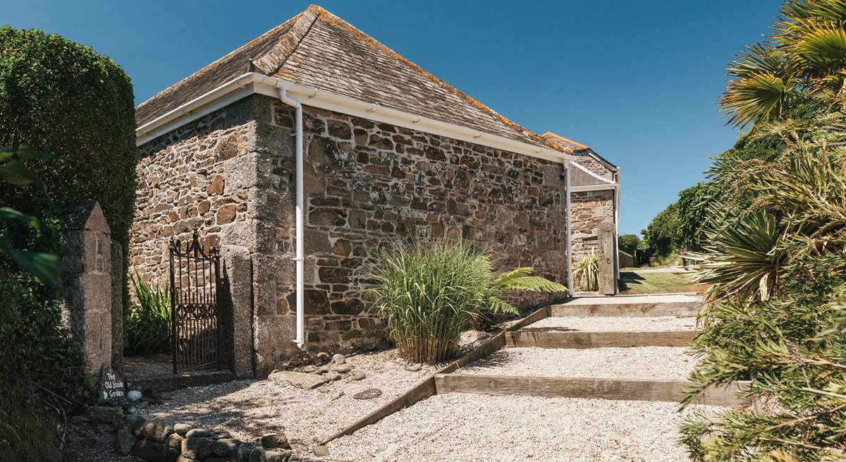 The steps down to the private garden for Pebble Cottage.