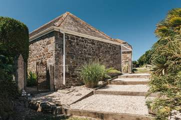 The steps down to the private garden for Pebble Cottage.
