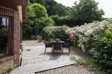 The large sheltered terrace at the rear of Barbridge Cottage.