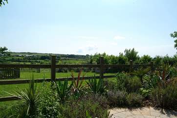 The back garden looks out across the Owners' paddock towards the countryside beyond.