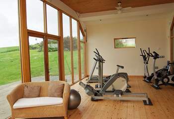 The gym is equipped with a running machine, rowing machine, elliptical trainer and two exercise bikes.
