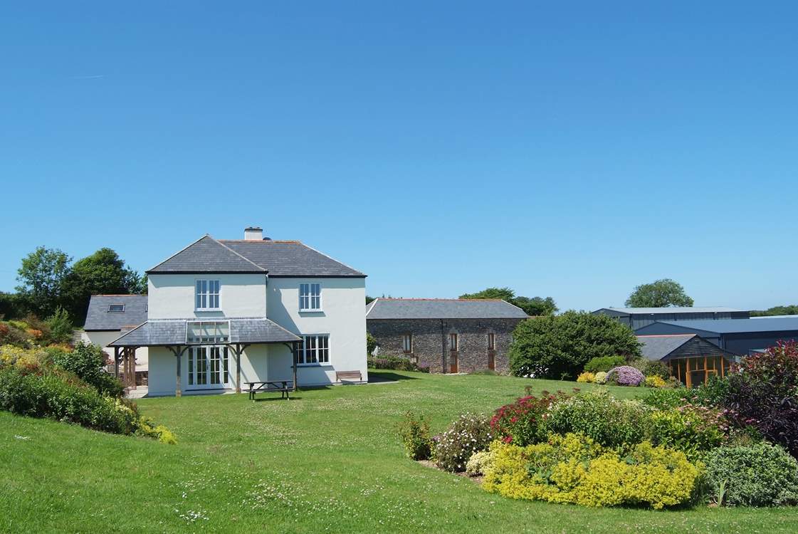 From the left: the farmhouse with the annexe hidden behind, the owners' private museum (not open to the public) and the roof of Aveton Cottage (2355) with the pool-room in front.