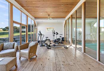 The small gym is equipped with a rowing machine, running machine, elliptical trainer, and a exercise bike.