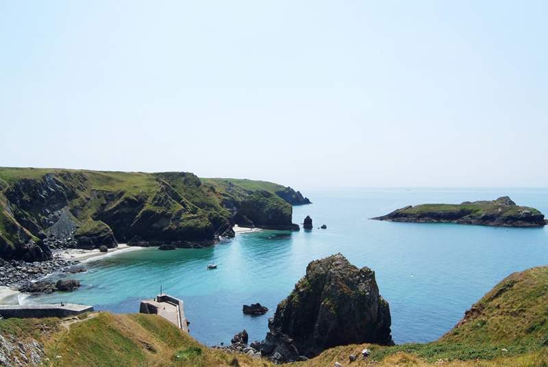 The view from the clifftop beside the renowned Mullion Cove Hotel, looking down towards the harbour entrance.