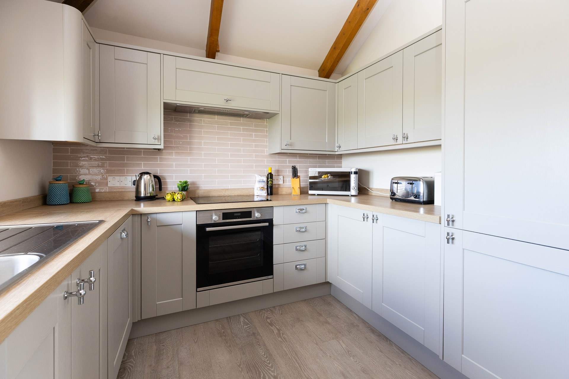 The modern kitchen has everything you might need. 