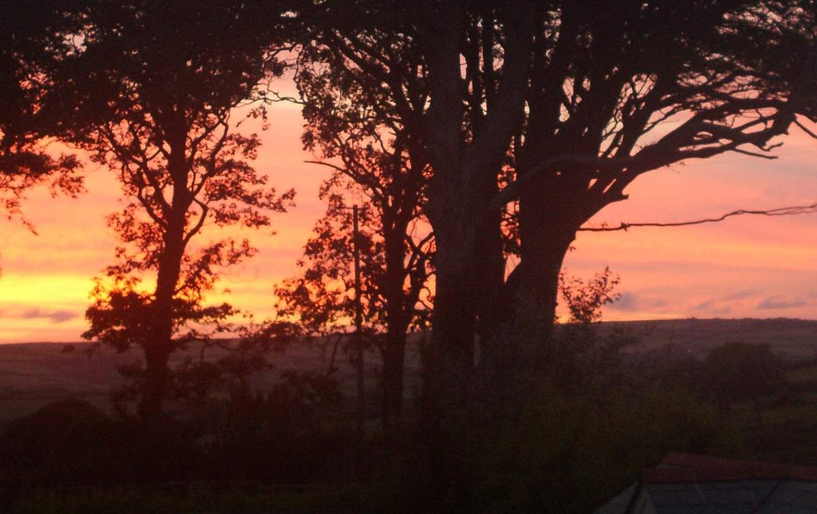 Sunset over the garden and fields.
