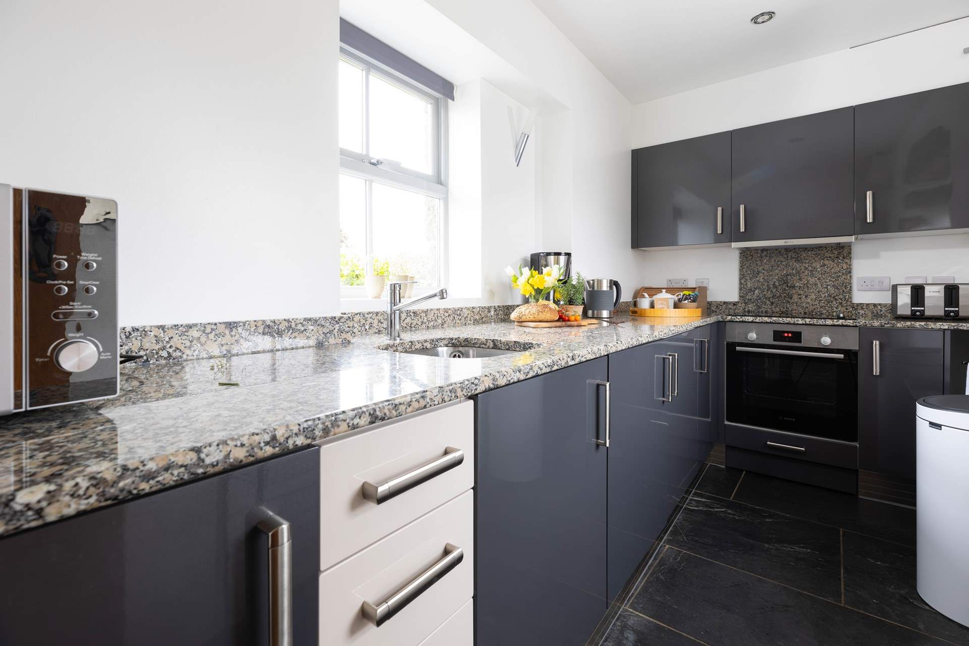 The kitchen with plenty of work space for preparing a tasty treat.