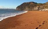 The iconic  Jurassic Coastal landmark of Golden Cap from the beach at Seatown. ( where there is a fabulous pub ! ).  Lyme Regis is in the distance - Thumbnail Image