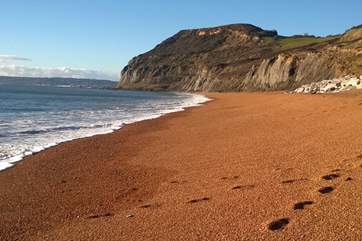 The iconic Jurassic Coastal landmark of Golden Cap from the beach at Seatown. ( where there is a fabulous pub ! ). Lyme Regis is in the distance