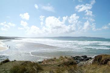 Looking in the other direction from Godrevy, along Gwithian beach towards St Ives in the distance.