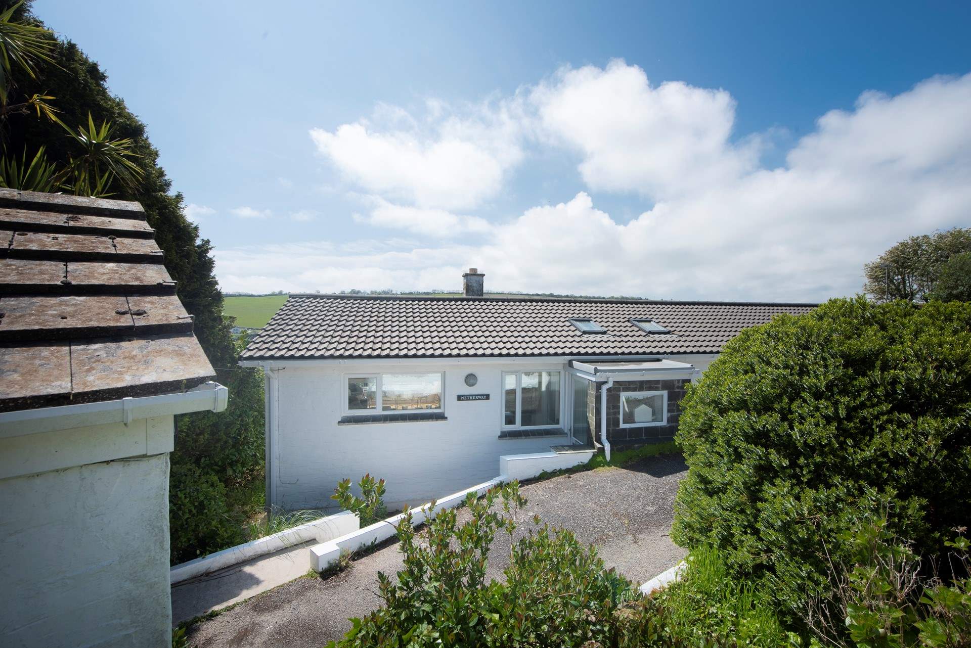 The gently sloping driveway. Four steps lead to the front door from the driveway.
