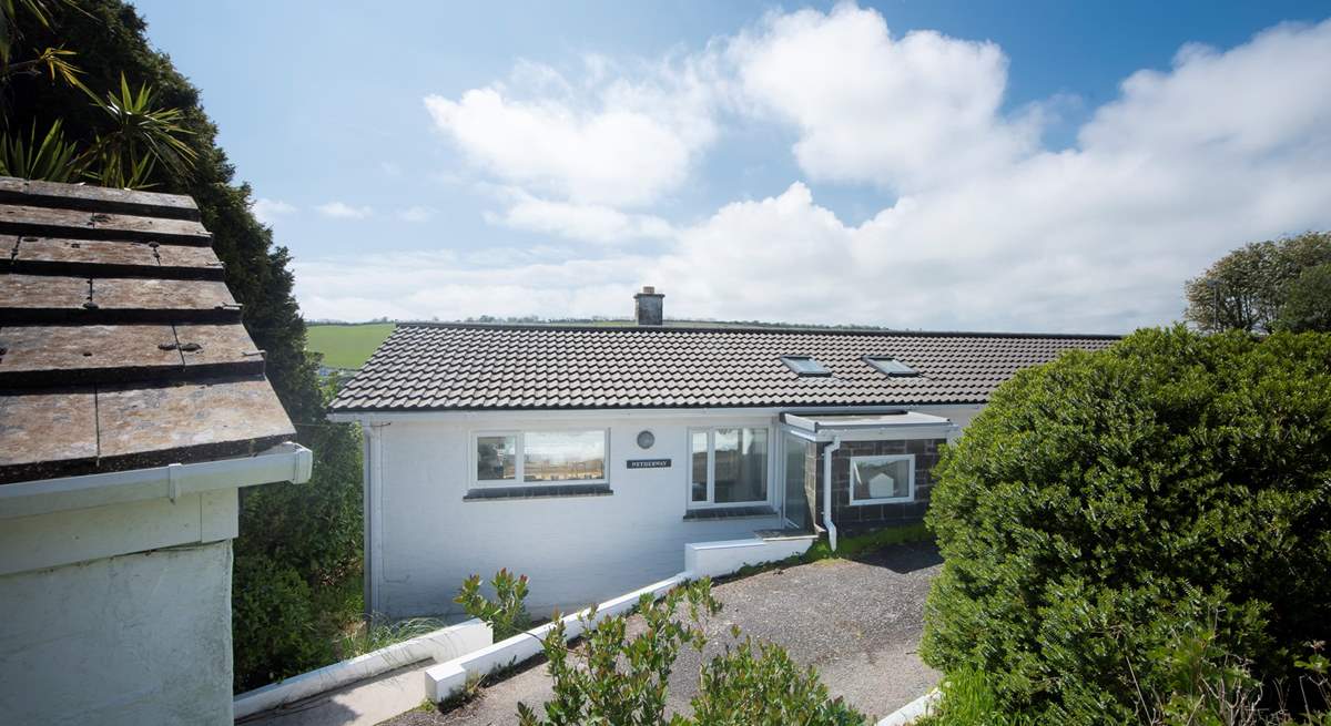 The gently sloping driveway. Four steps lead to the front door from the driveway.