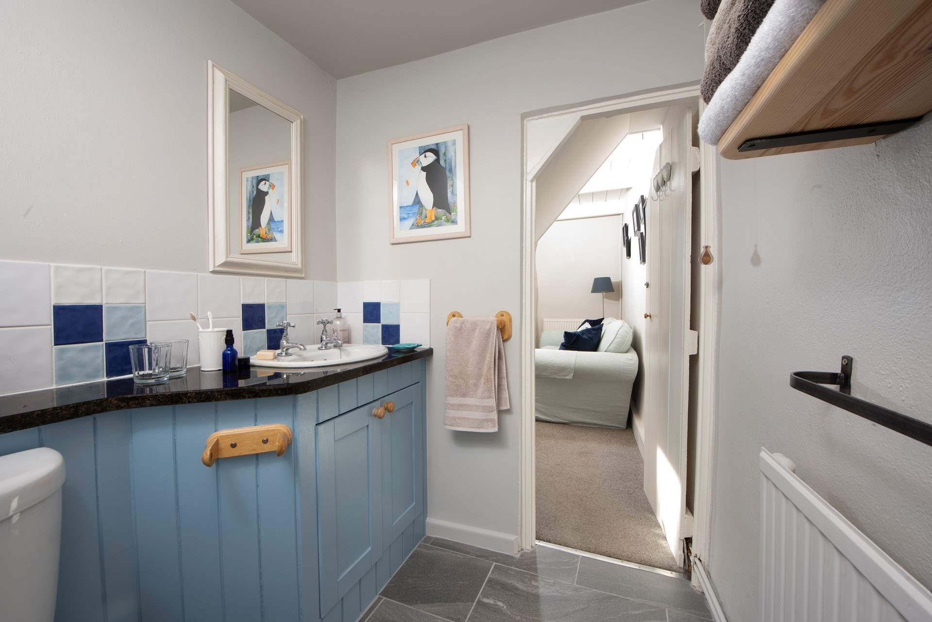 Calming greys and coastal hues.