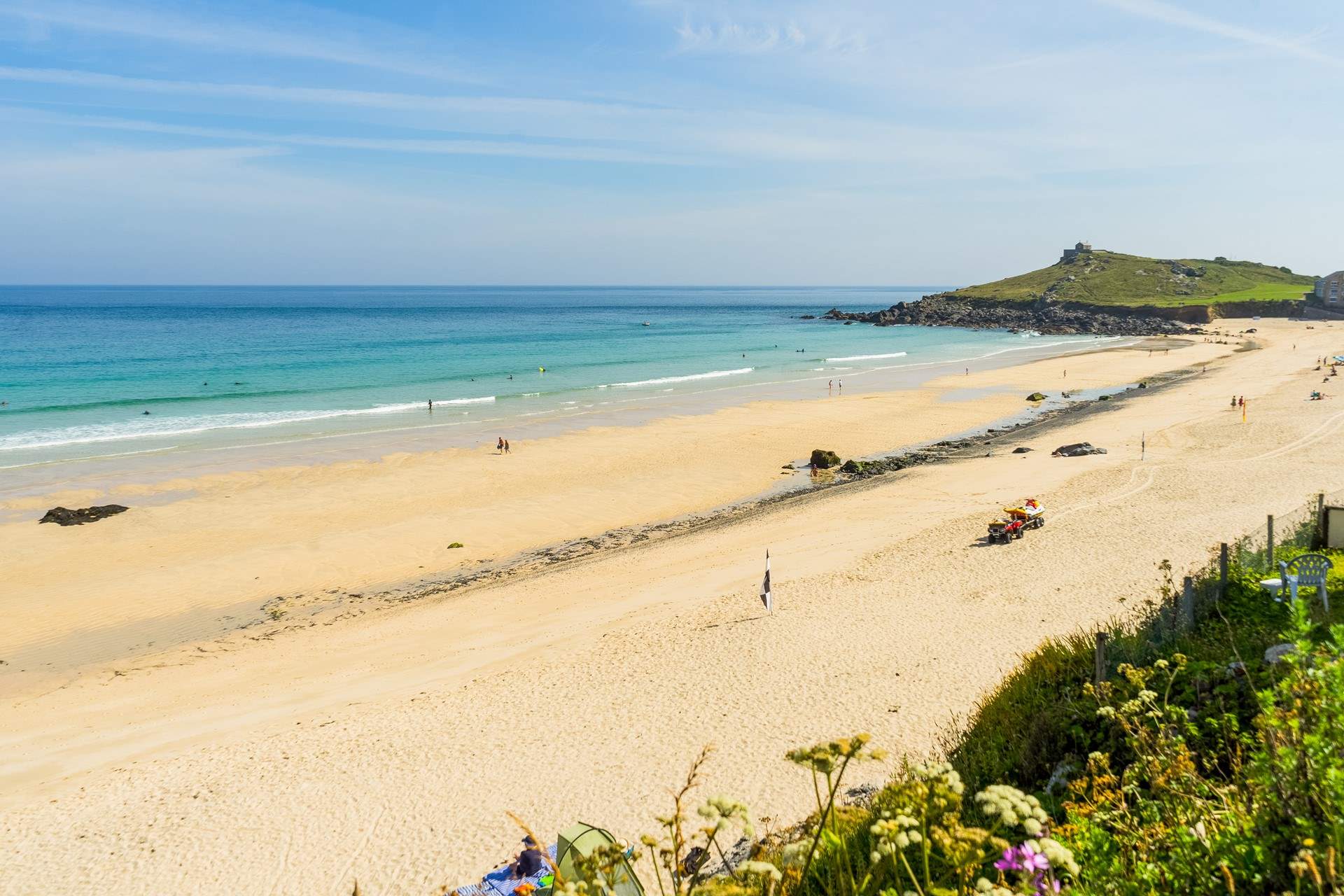 The golden sands and shimmering waters in neighbouring St Ives.