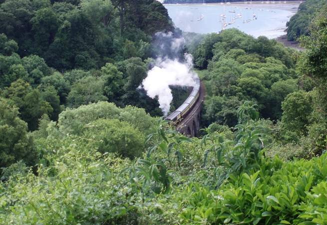 The view from the patio in front of the cottage, with the River Dart and Dartmouth in the distance and the steam railway running along the bottom of the valley.