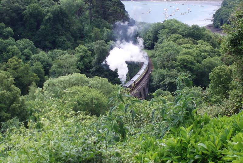 The view from the patio in front of the cottage, with the River Dart and Dartmouth in the distance and the steam railway running along the bottom of the valley.