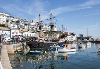 The Golden Hind floats proudly in Brixham Harbour.