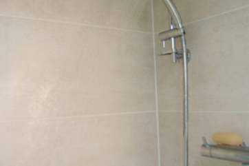 There is a separate shower as well as a bath in the bathroom.