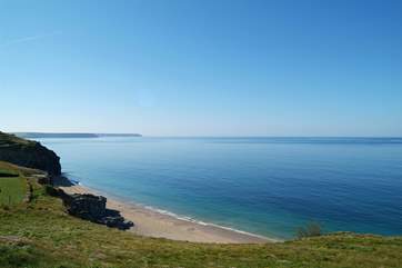 The spectacular view from the coastal path near Loe Pool, looking towards the Lizard.