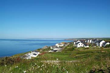 Approaching Porthleven along the coast path, there are far reaching views across Mounts Bay towards the Penwith peninsula.