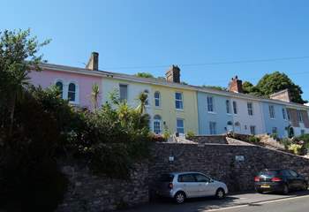 The terrace up above the road, Moon Cottage is the third in from the left. The car parking space is shown below (with the black car on the right).