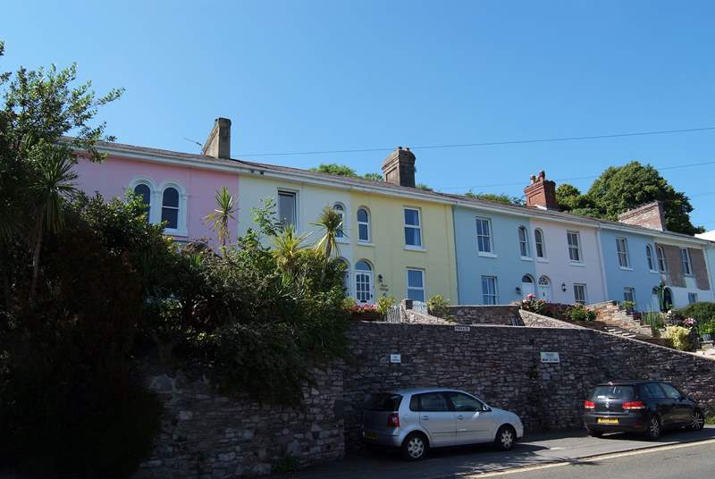 The terrace up above the road, Moon Cottage is the third in from the left. The car parking space is shown below (with the black car on the right).