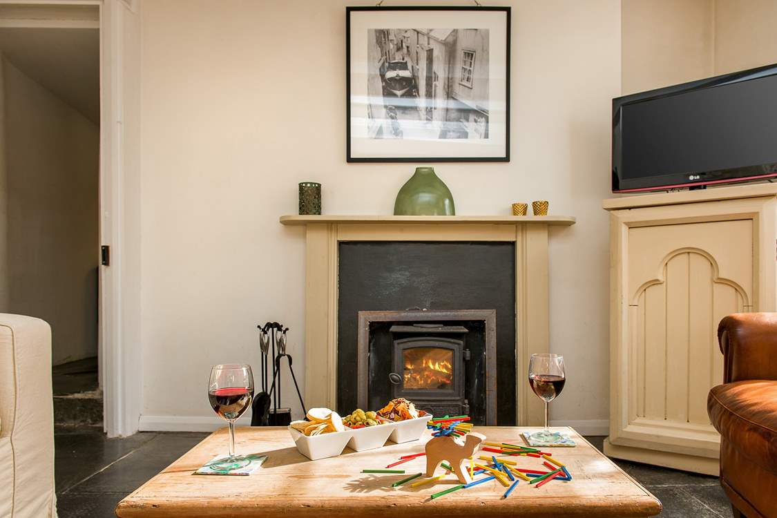 The wood-burner provides a warming backdrop.