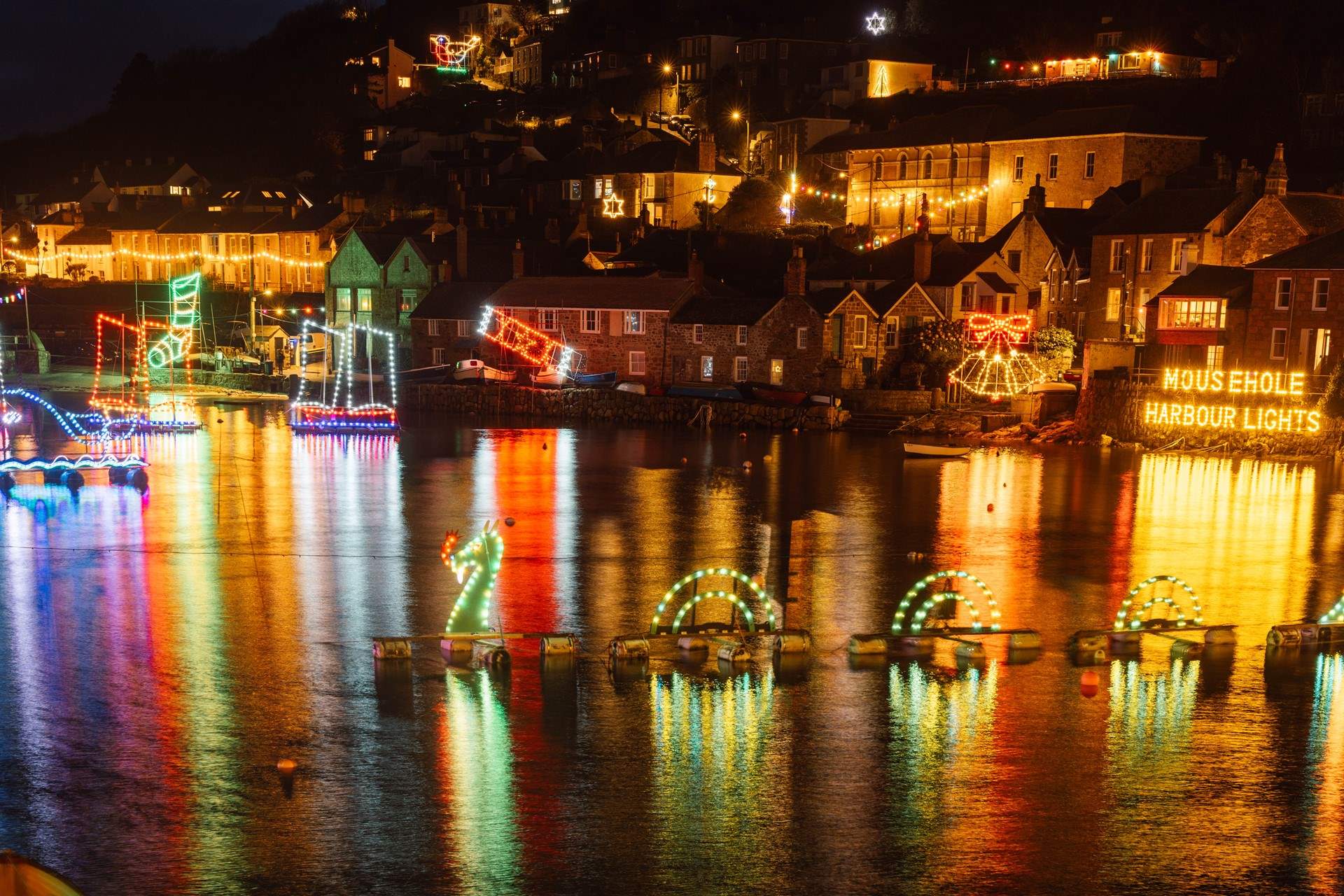 The beautiful Mousehole harbour Christmas lights.