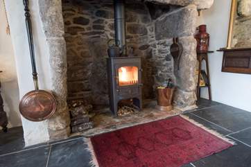 The roaring wood-burner in the sitting-room.