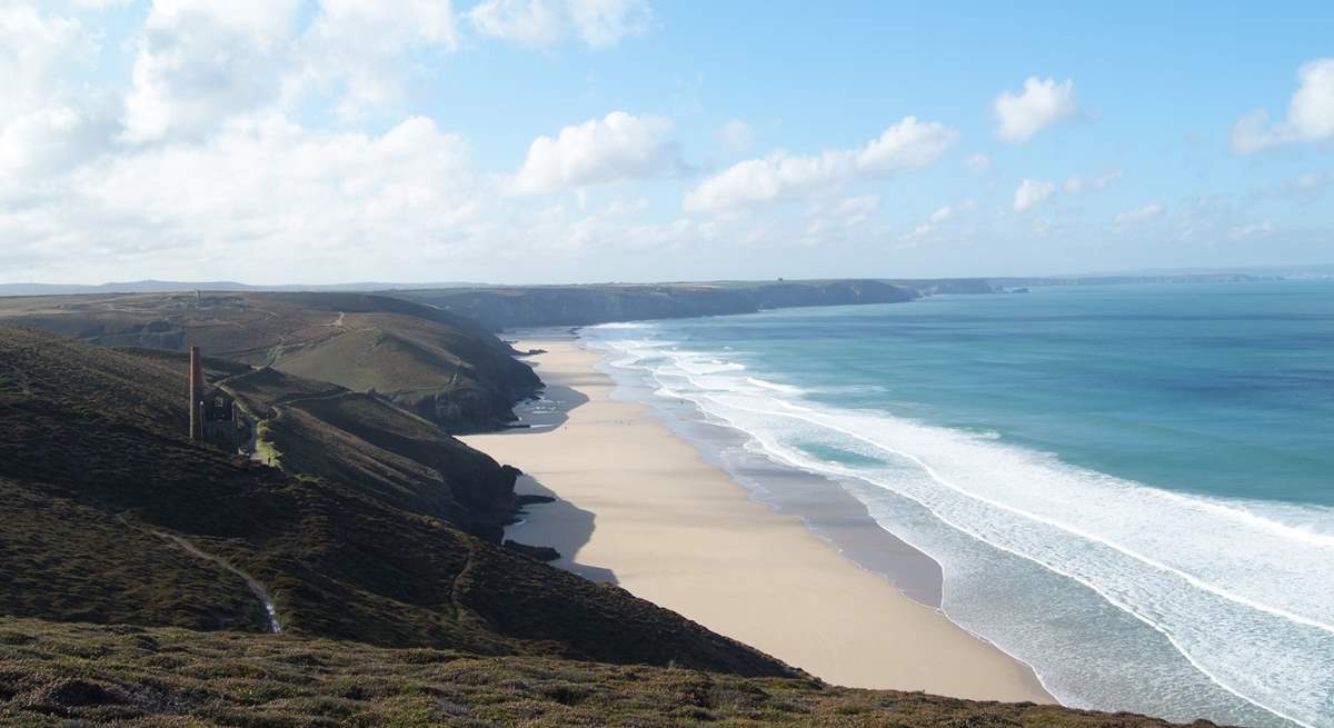 Fabulous coastal walks within easy reach of the cottage; this is looking from the cliffs nearby towards Chapel Porth.