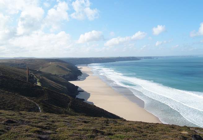 Fabulous coastal walks within easy reach of the cottage; this is looking from the cliffs nearby towards Chapel Porth.