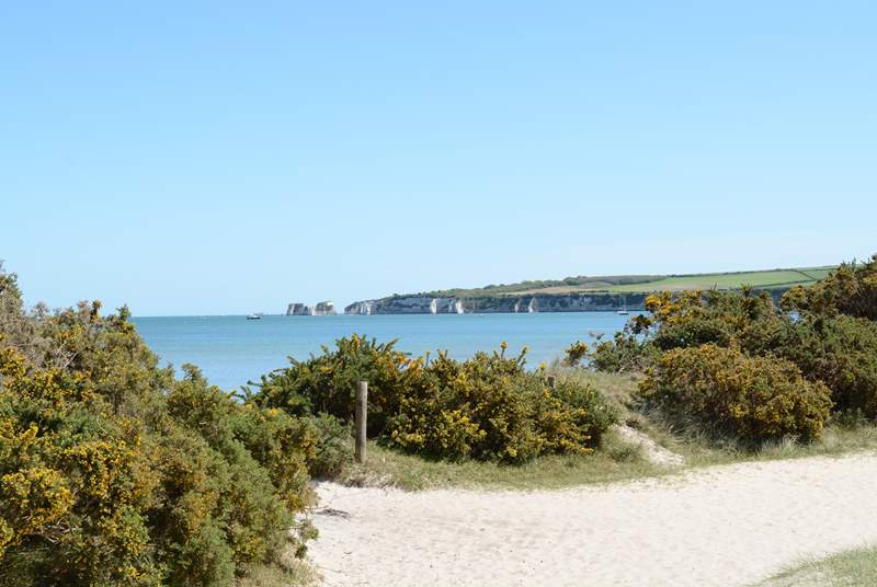 The view from Studland's sandy beach with Old Harry Rocks in the distance, the very beginning of the Jurassic Coast.