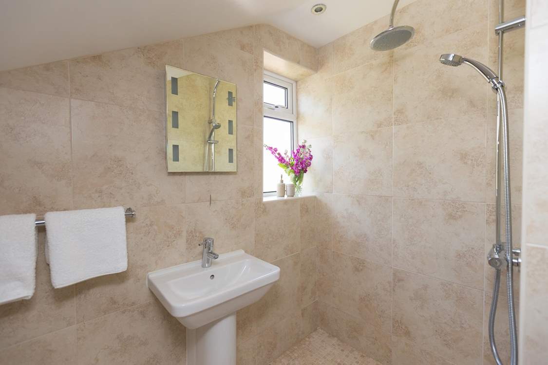 The en suite wet-room is down a couple of steps from the main bedroom.