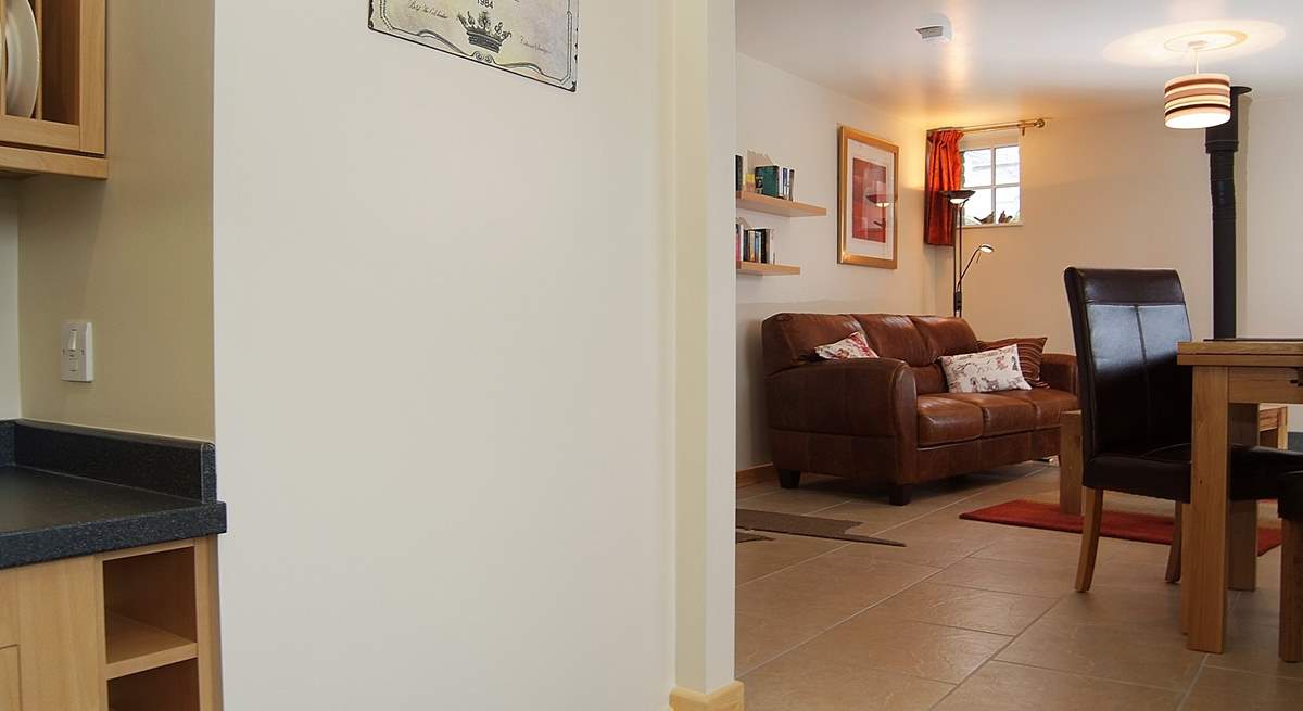 Looking up to the sitting and dining areas from the kitchen-area.