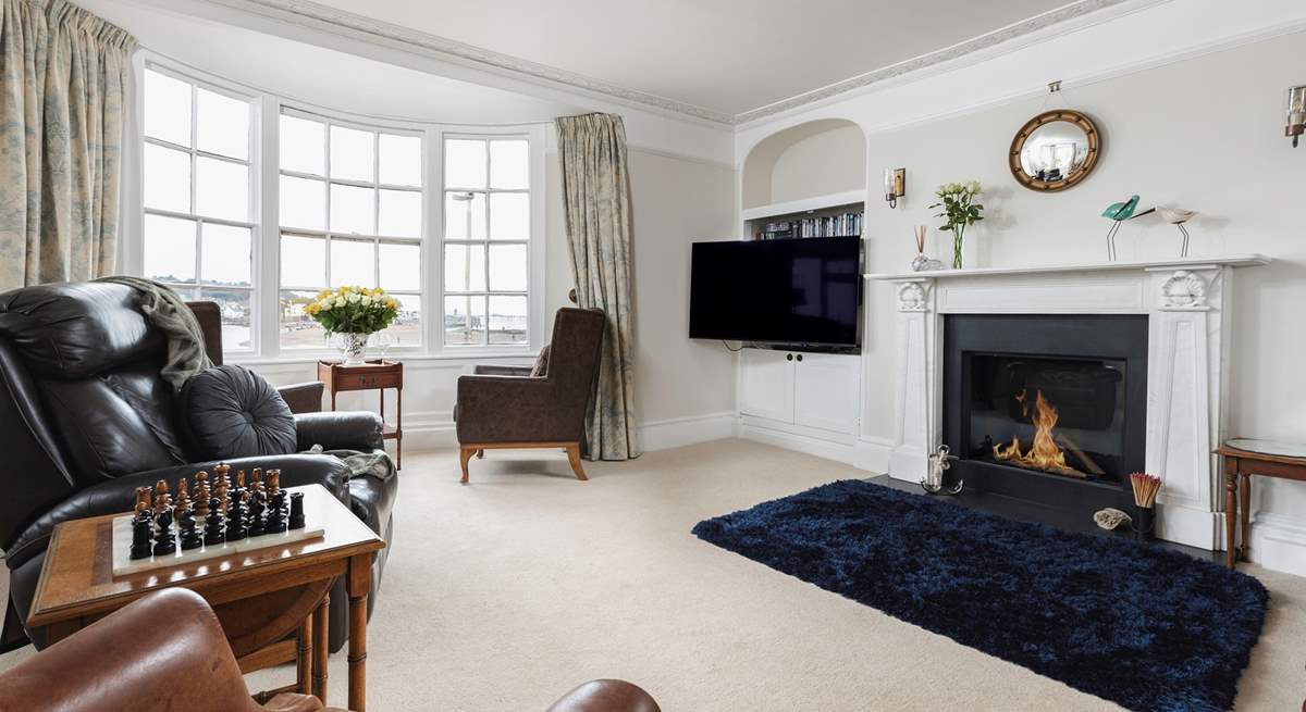 The gorgeous sitting-room on the first floor has views of the beach and bay.