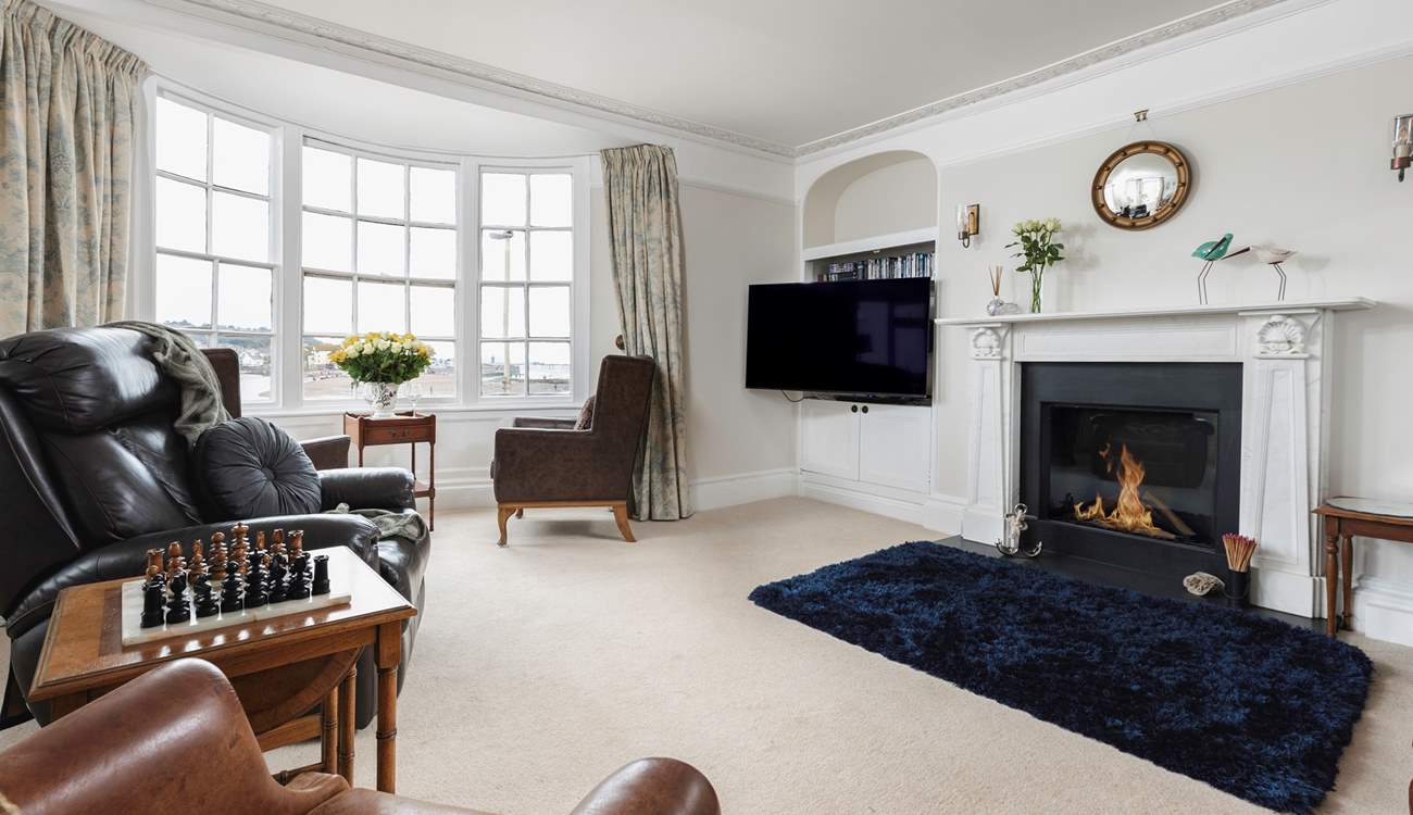 The gorgeous sitting-room on the first floor has views of the beach and bay.