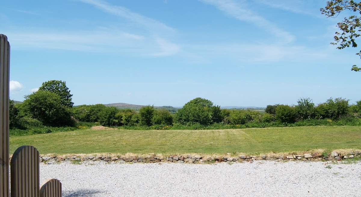 The lovely view across the meadow from the hot tub enclosure.