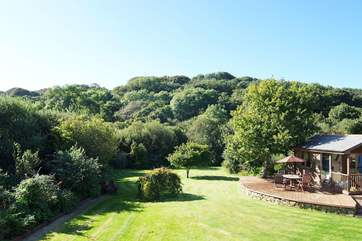The lovely view from the top floor (the hot tub is on the deck beside the summer-house).