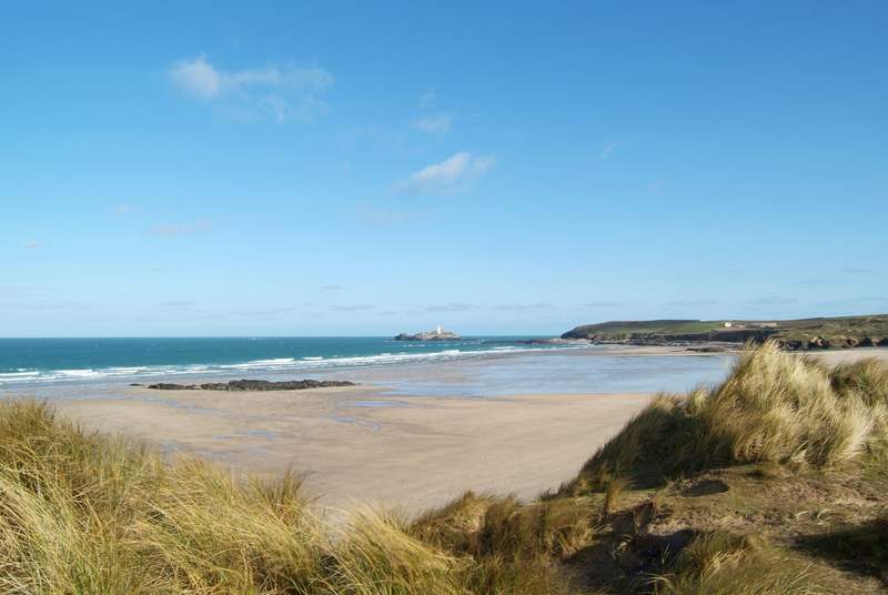 Looking across the huge beach towards Godrevy Lighthouse from the dunes at Gwithian Towans, not far from Hayle.