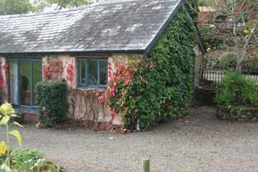 The Forge has a tiny patio with a bench outside the front door, which is surrounded by Virginia creeper in the spring.