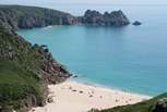 Popular Porthcurno beach boasts golden sand and crystal clear waters.
