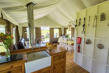 Looking towards the sitting and dining-areas from the kitchen.